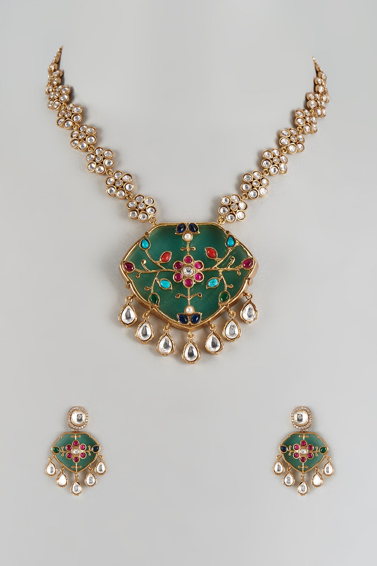 Gold Finish Uncut Stone & Emerald Long Necklace Set