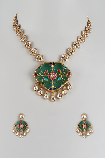 Gold Finish Uncut Stone & Emerald Long Necklace Set