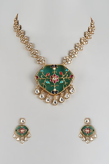 Gold Finish Uncut Stone & Emerald Long Necklace Set