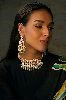Gold Finish Ruby & Emerald Droplet Choker Necklace Set