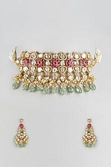 Gold Finish Ruby & Emerald Droplet Choker Necklace Set