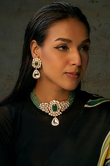 Gold Finish Uncut Stone & Emerald Beaded Choker Necklace Set