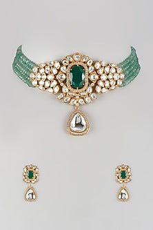 Gold Finish Uncut Stone & Emerald Beaded Choker Necklace Set