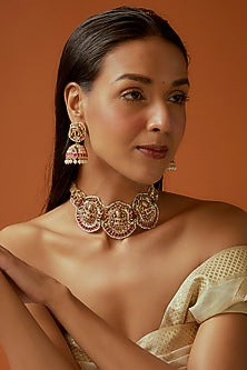 Gold Finish Ruby & Emerald Temple Jew Choker Necklace Set