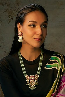 Gold Finish Ruby & Pista Green Beaded Long Pendant Mala Set