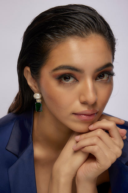 Gold Finish Synthetic Emerald Stone & Moti Stud Earrings