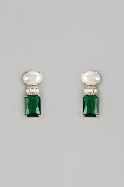 Gold Finish Synthetic Emerald Stone & Moti Stud Earrings