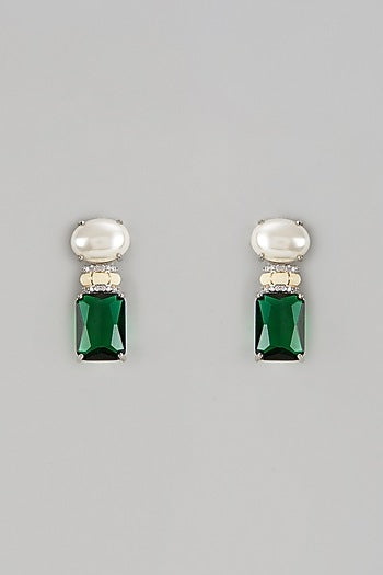 Gold Finish Synthetic Emerald Stone & Moti Stud Earrings
