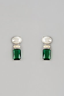 Gold Finish Synthetic Emerald Stone & Moti Stud Earrings