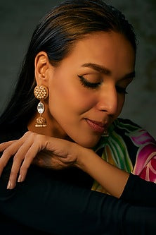 Gold Finish Uncut Stone & Moti Dangler Earrings