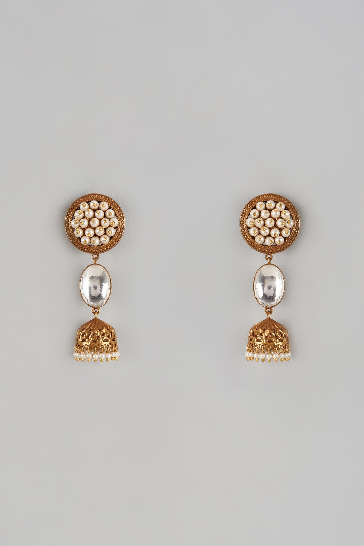 Gold Finish Uncut Stone & Moti Dangler Earrings