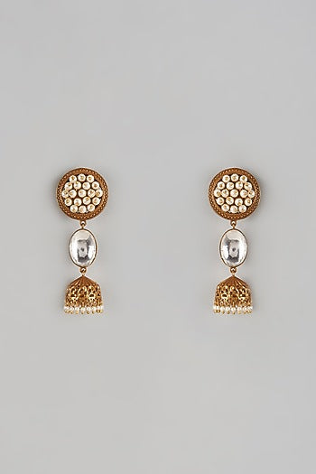 Gold Finish Uncut Stone & Moti Dangler Earrings
