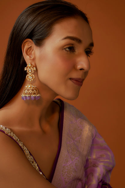 Gold Finish Uncut Stone & Purple Droplet Dangler Earrings