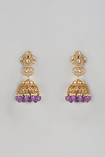 Gold Finish Uncut Stone & Purple Droplet Dangler Earrings