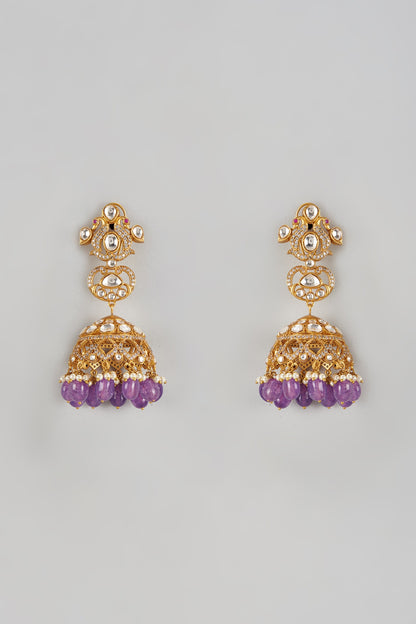 Gold Finish Uncut Stone & Purple Droplet Dangler Earrings