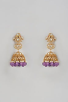Gold Finish Uncut Stone & Purple Droplet Dangler Earrings