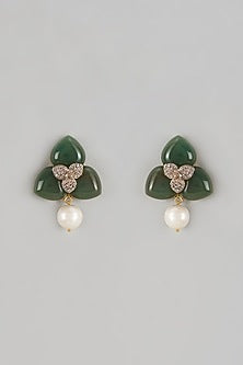 White Finish Emerald & Diamond Stud Earrings