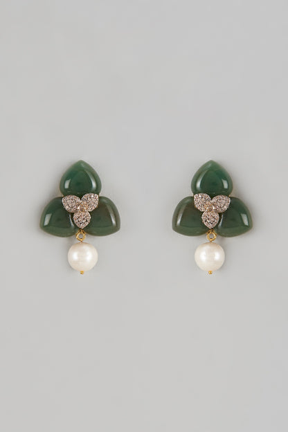 White Finish Emerald & Diamond Stud Earrings