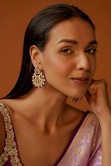 Gold Finish Uncut Stone & Maroon Droplet Chandbali Earrings