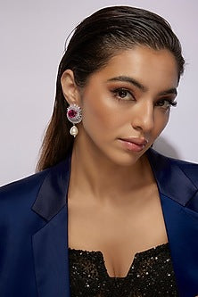 White Finish Ruby Stone & Diamond Dangler Earrings