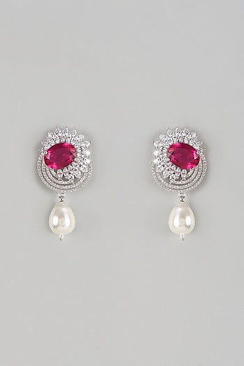 White Finish Ruby Stone & Diamond Dangler Earrings