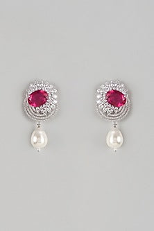 White Finish Ruby Stone & Diamond Dangler Earrings