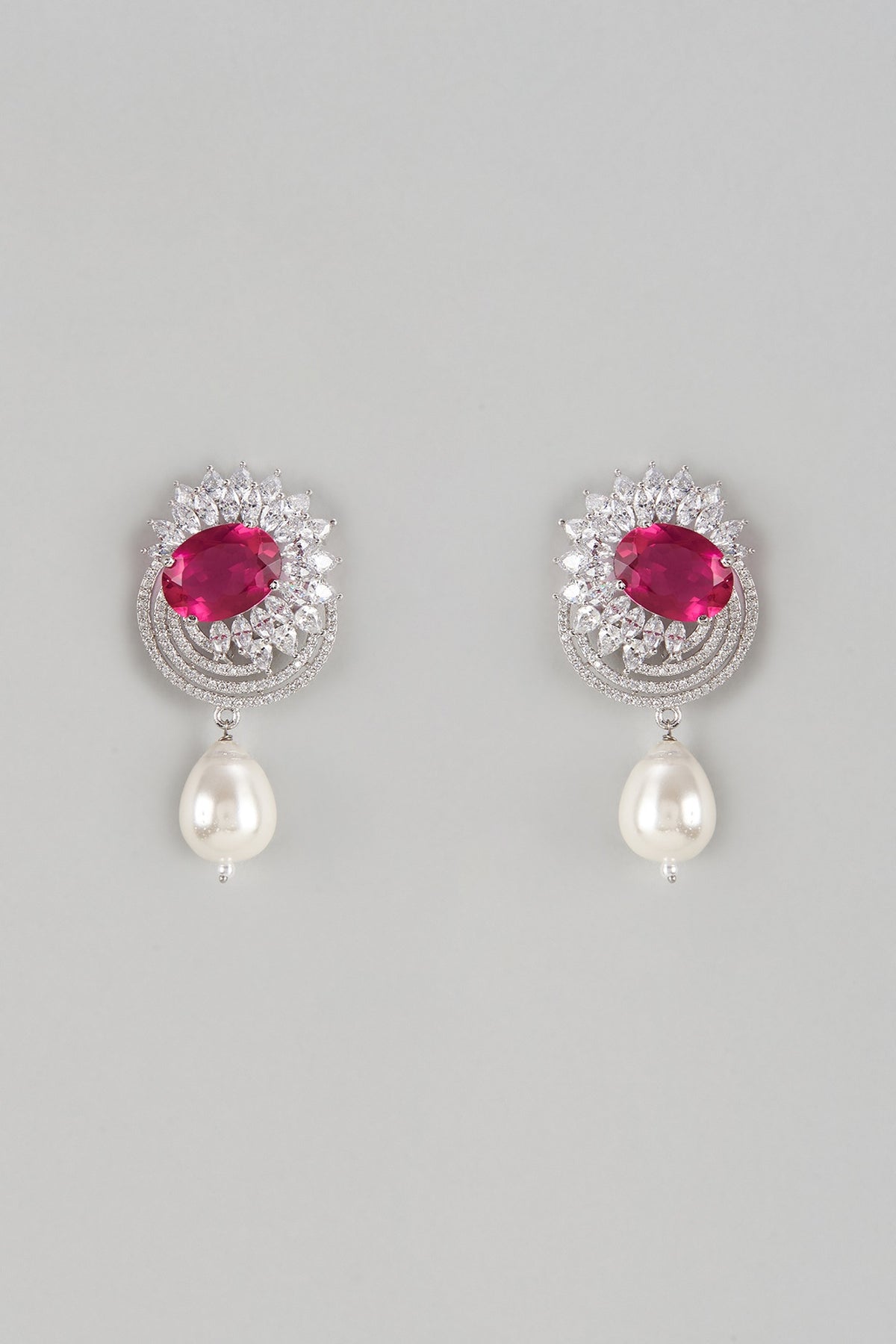 White Finish Ruby Stone & Diamond Dangler Earrings