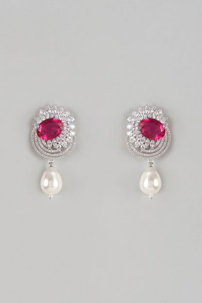 White Finish Ruby Stone & Diamond Dangler Earrings
