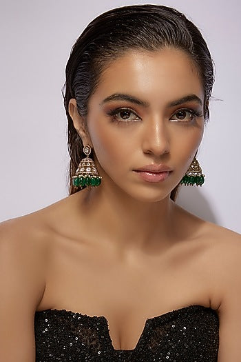 Black Rhodium Finish Synthetic Emerald Stone Dangler Earrings