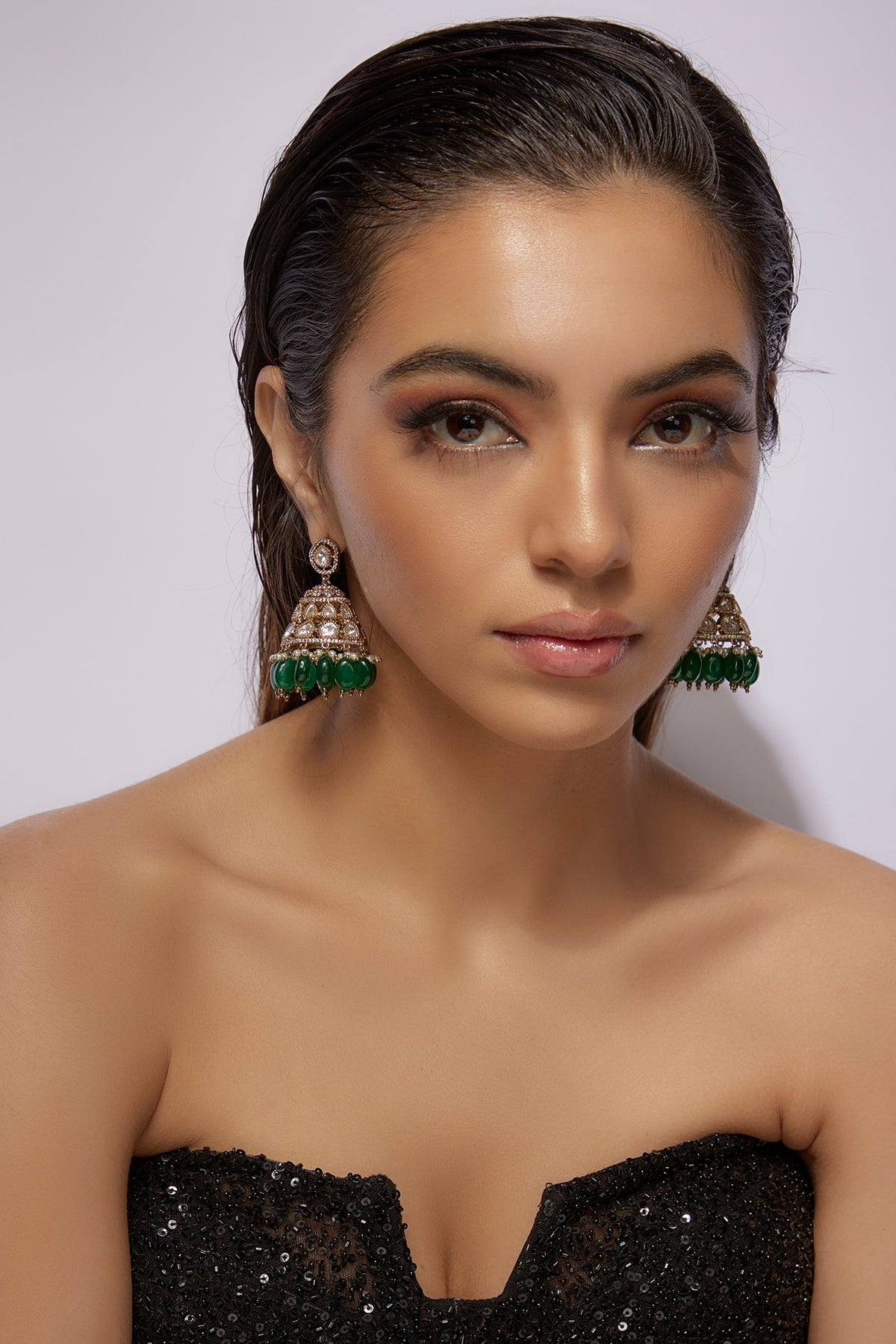 Black Rhodium Finish Synthetic Emerald Stone Dangler Earrings
