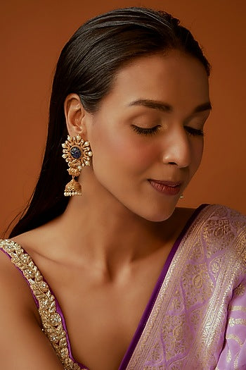 Gold Finish Dark Blue Stone Temple Jhumka Earrings