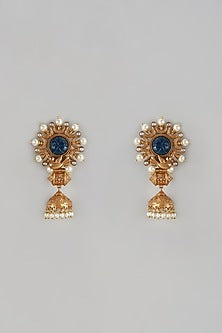 Gold Finish Dark Blue Stone Temple Jhumka Earrings
