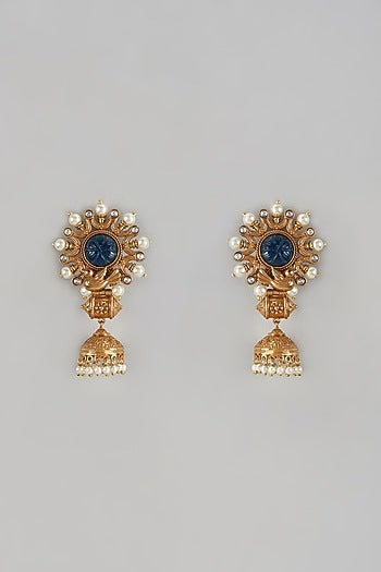 Gold Finish Dark Blue Stone Temple Jhumka Earrings
