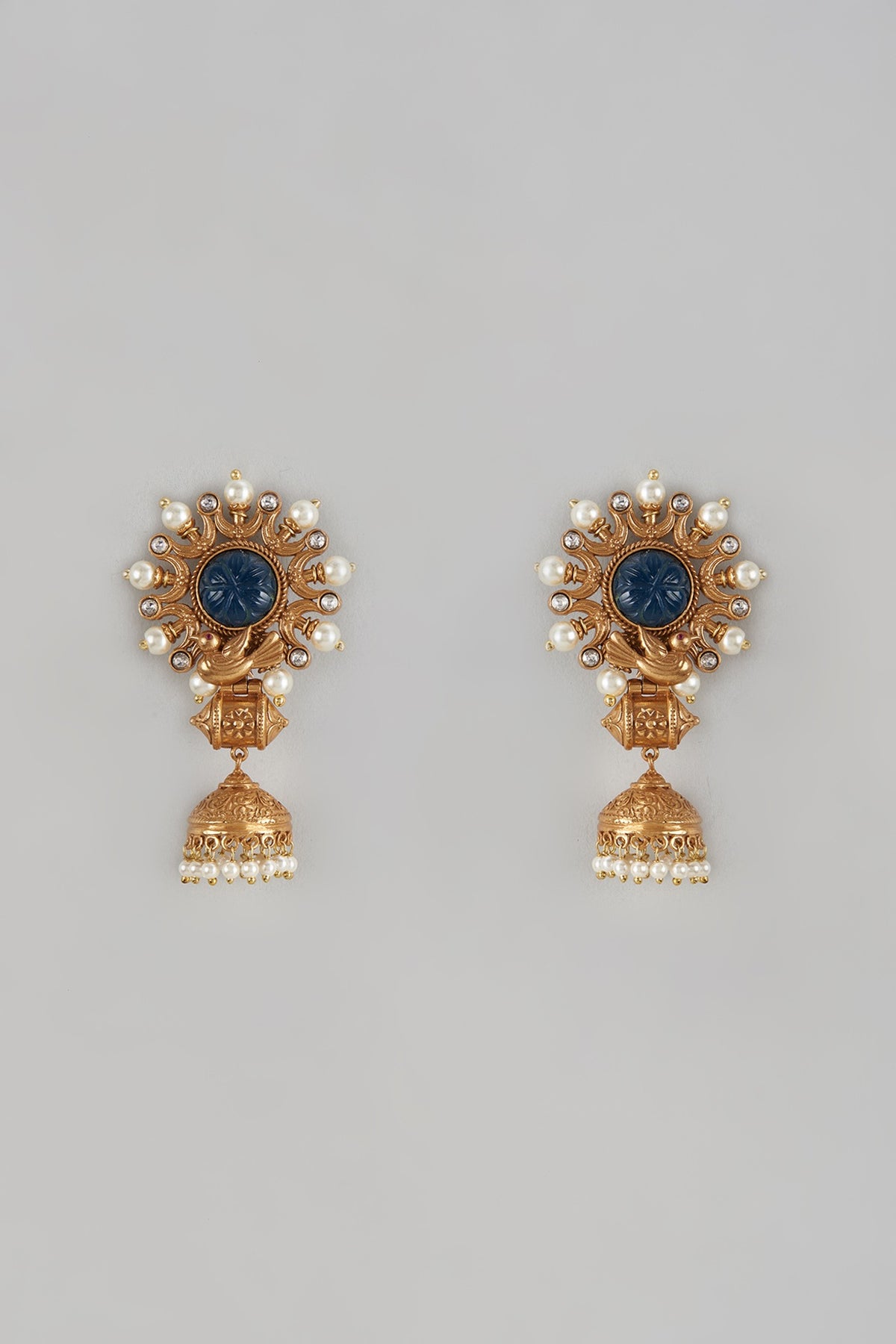 Gold Finish Dark Blue Stone Temple Jhumka Earrings