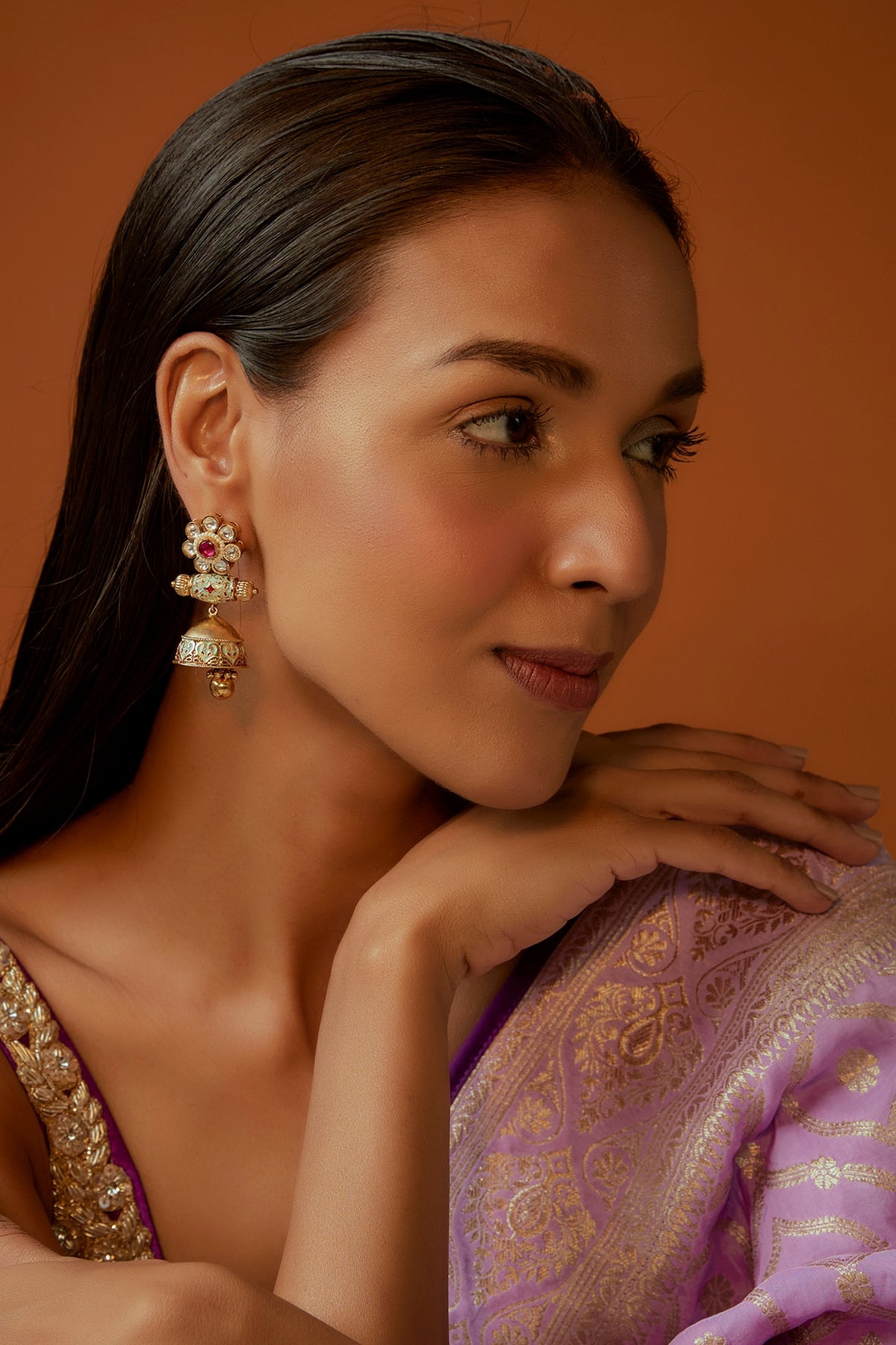 Gold Finish Ruby Enameled Jhumka Earrings