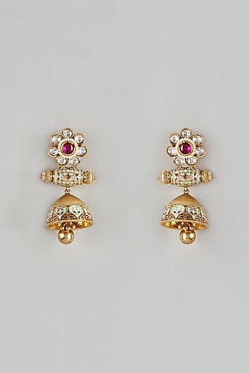 Gold Finish Ruby Enameled Jhumka Earrings