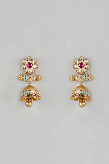 Gold Finish Ruby Enameled Jhumka Earrings