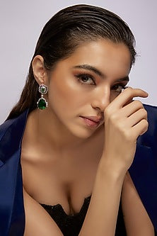White Finish Synthetic Blue Sapphire Stone & Diamond Dangler Earrings
