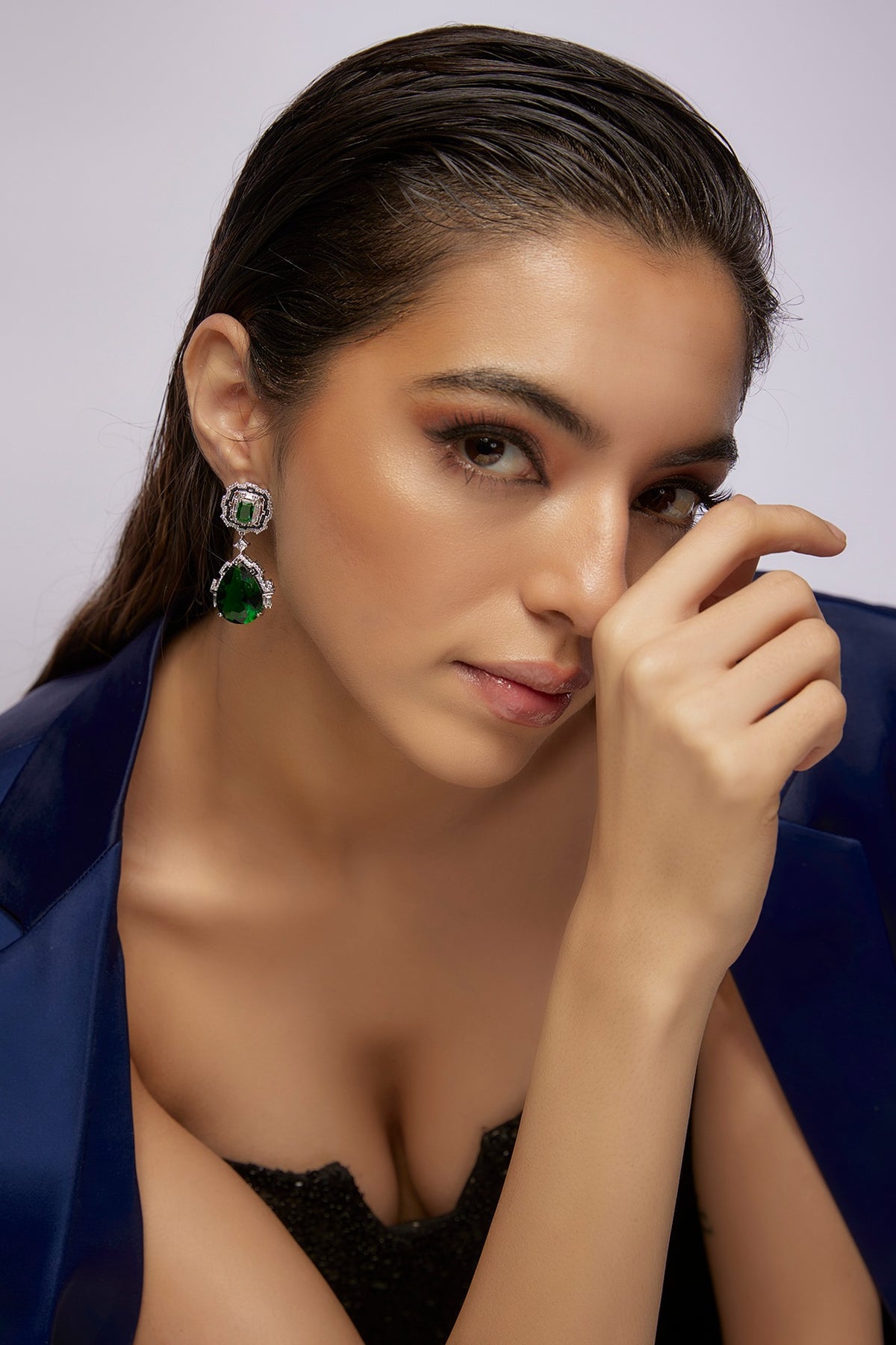 White Finish Synthetic Blue Sapphire Stone & Diamond Dangler Earrings
