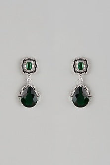 White Finish Synthetic Blue Sapphire Stone & Diamond Dangler Earrings