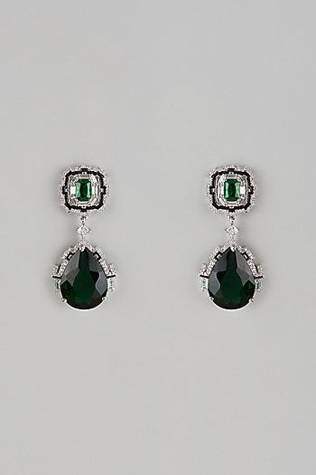 White Finish Synthetic Blue Sapphire Stone & Diamond Dangler Earrings