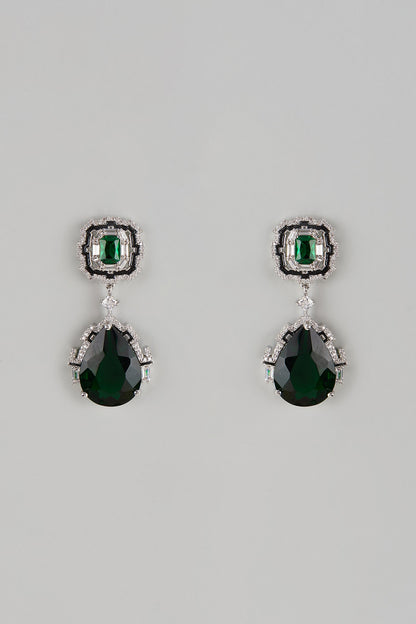 White Finish Synthetic Blue Sapphire Stone & Diamond Dangler Earrings