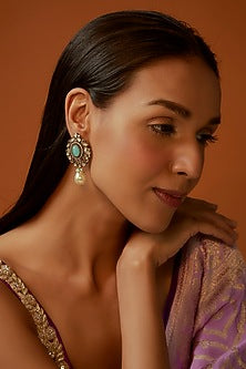 Black Rhodium Finish Aqua Blue Stone & Pearl Droplet Dangler Earrings