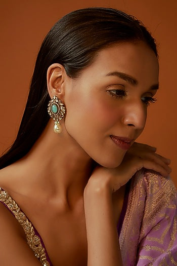Black Rhodium Finish Aqua Blue Stone & Pearl Droplet Dangler Earrings