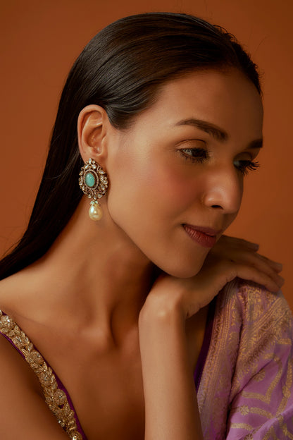 Black Rhodium Finish Aqua Blue Stone & Pearl Droplet Dangler Earrings