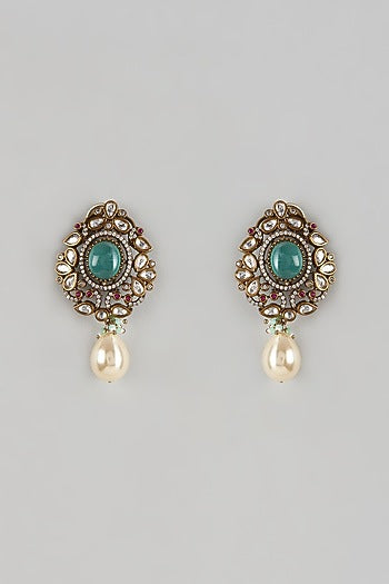Black Rhodium Finish Aqua Blue Stone & Pearl Droplet Dangler Earrings