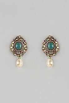 Black Rhodium Finish Aqua Blue Stone & Pearl Droplet Dangler Earrings