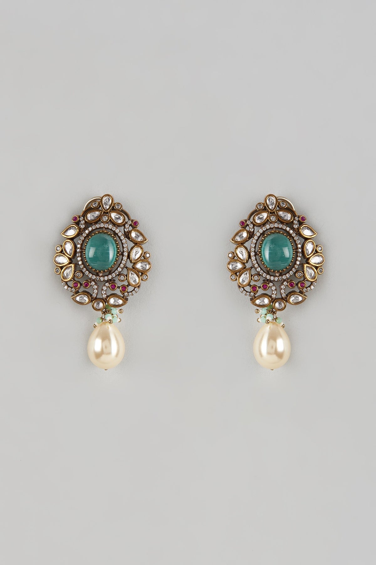 Black Rhodium Finish Aqua Blue Stone & Pearl Droplet Dangler Earrings
