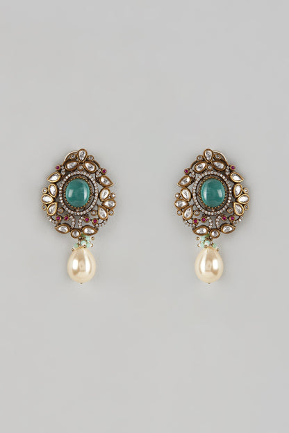 Black Rhodium Finish Aqua Blue Stone & Pearl Droplet Dangler Earrings