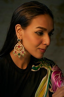 Gold Finish Multi-Colored Stone & Kundan Polki Chandbali Earrings